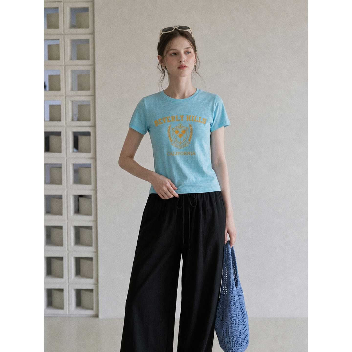 Women's Summer Blue Letter Print Slim Fit Short Sleeve T-Shirt - Image 3