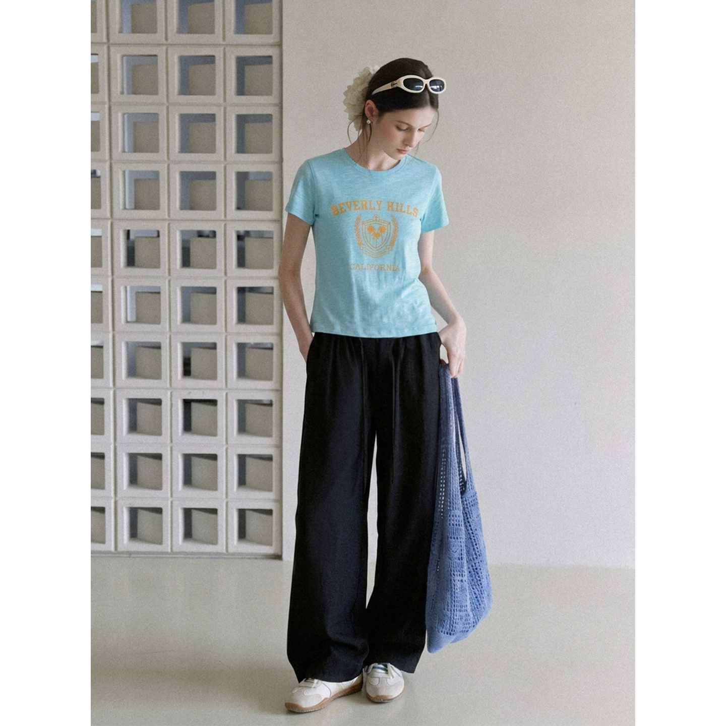 Women's Summer Blue Letter Print Slim Fit Short Sleeve T-Shirt - Image 5