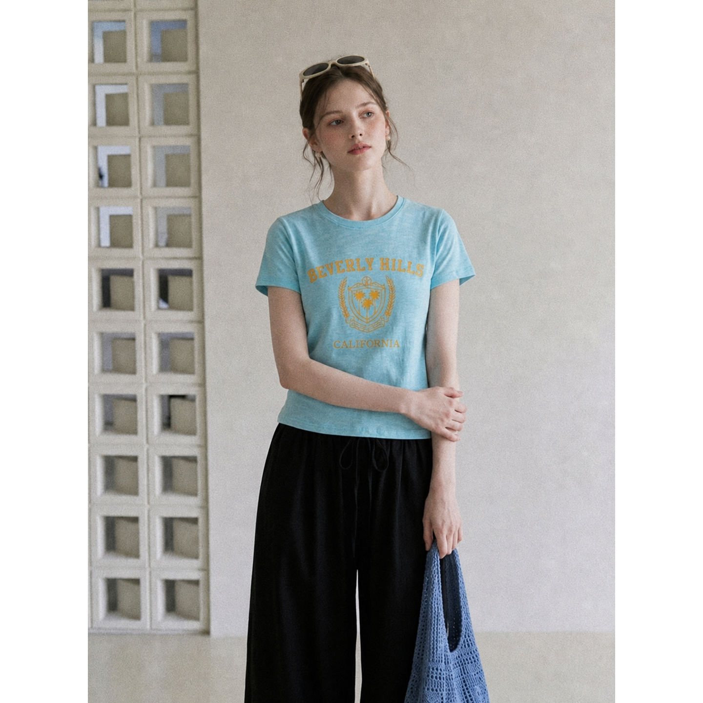 Women's Summer Blue Letter Print Slim Fit Short Sleeve T-Shirt