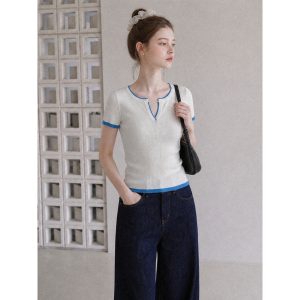 Korean Style Two-Tone Layered Slim Fit Short Sleeve V-Neck T-Shirt for Women 2026 Summer