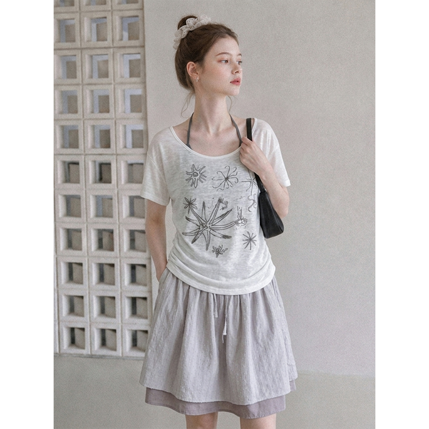 Color Blocked Faux Two-Piece Pleated Waist Short Sleeve T-Shirt for Women Summer - Image 3