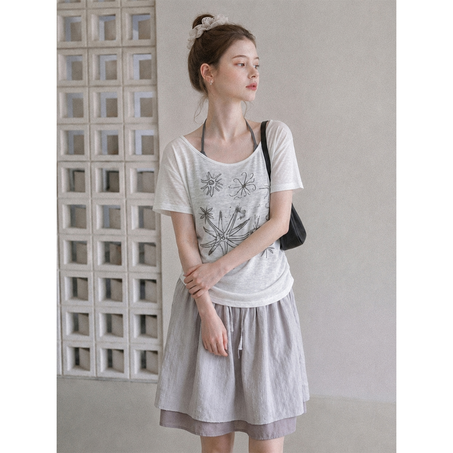 Color Blocked Faux Two-Piece Pleated Waist Short Sleeve T-Shirt for Women Summer - Image 4