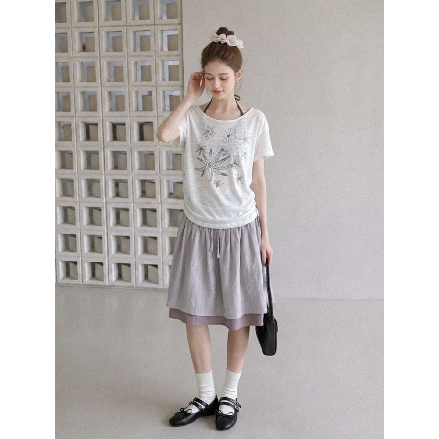 Color Blocked Faux Two-Piece Pleated Waist Short Sleeve T-Shirt for Women Summer - Image 5