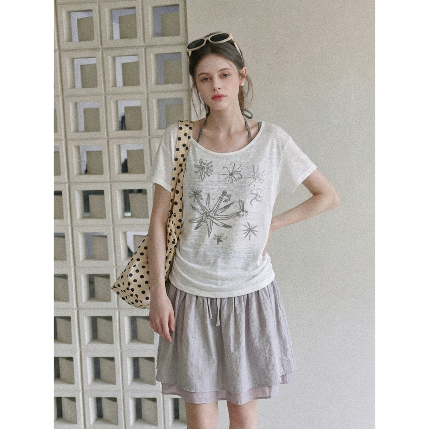 Color Blocked Faux Two-Piece Pleated Waist Short Sleeve T-Shirt for Women Summer - Image 2