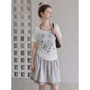 Color Blocked Faux Two-Piece Pleated Waist Short Sleeve T-Shirt for Women Summer