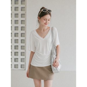 White Batwing Sleeve V-Neck T-Shirt for Women Summer Short Sleeve Loose Fitted Slim Casual Top