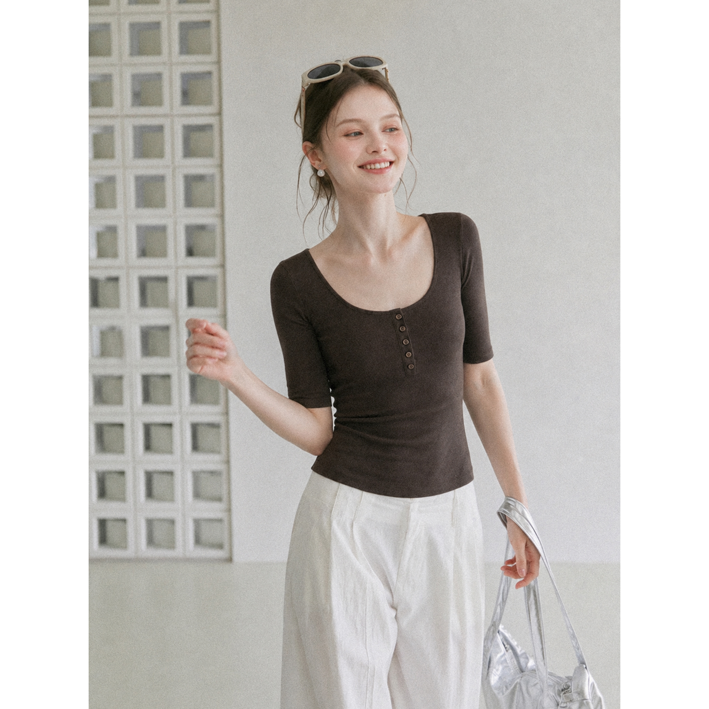 Women's Summer Solid Color U-Neck Short Sleeve T-Shirt with Button Detail Slim Fit - Image 2
