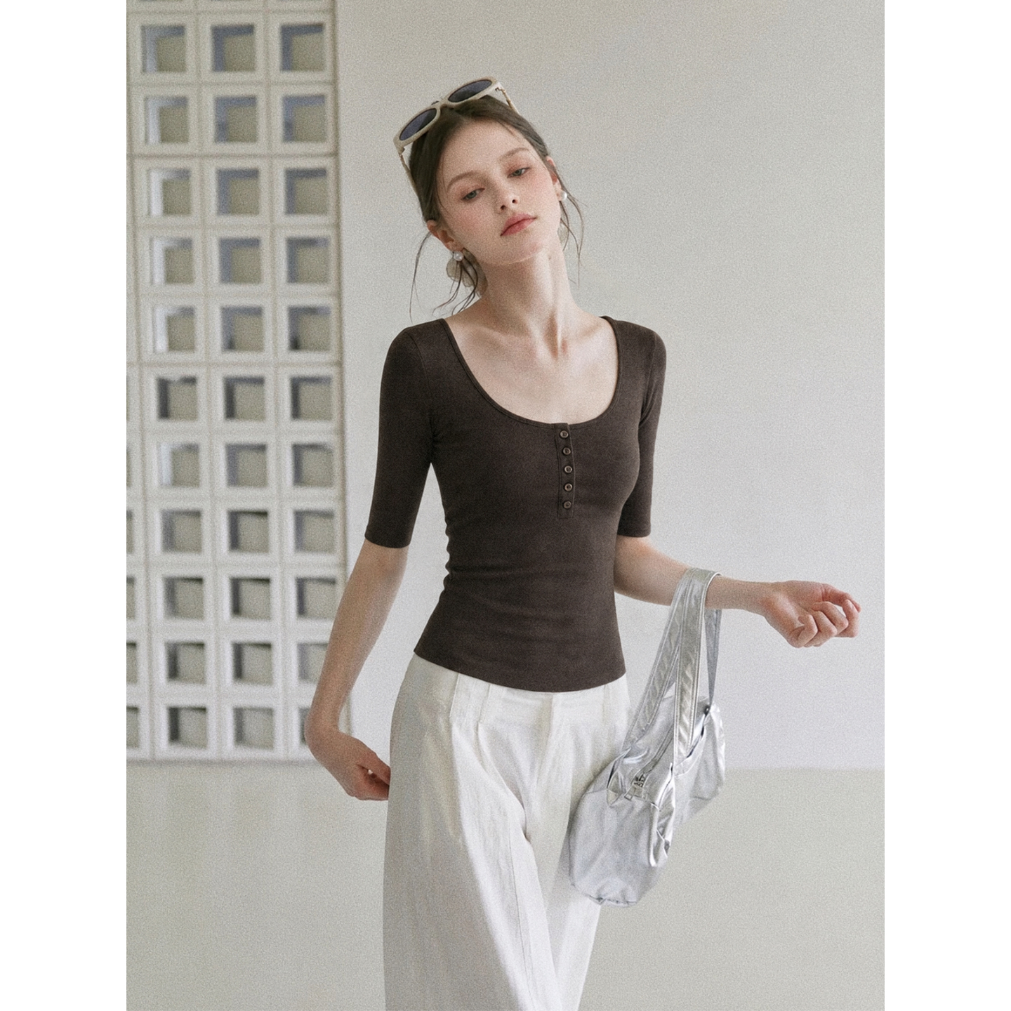 Women's Summer Solid Color U-Neck Short Sleeve T-Shirt with Button Detail Slim Fit - Image 4