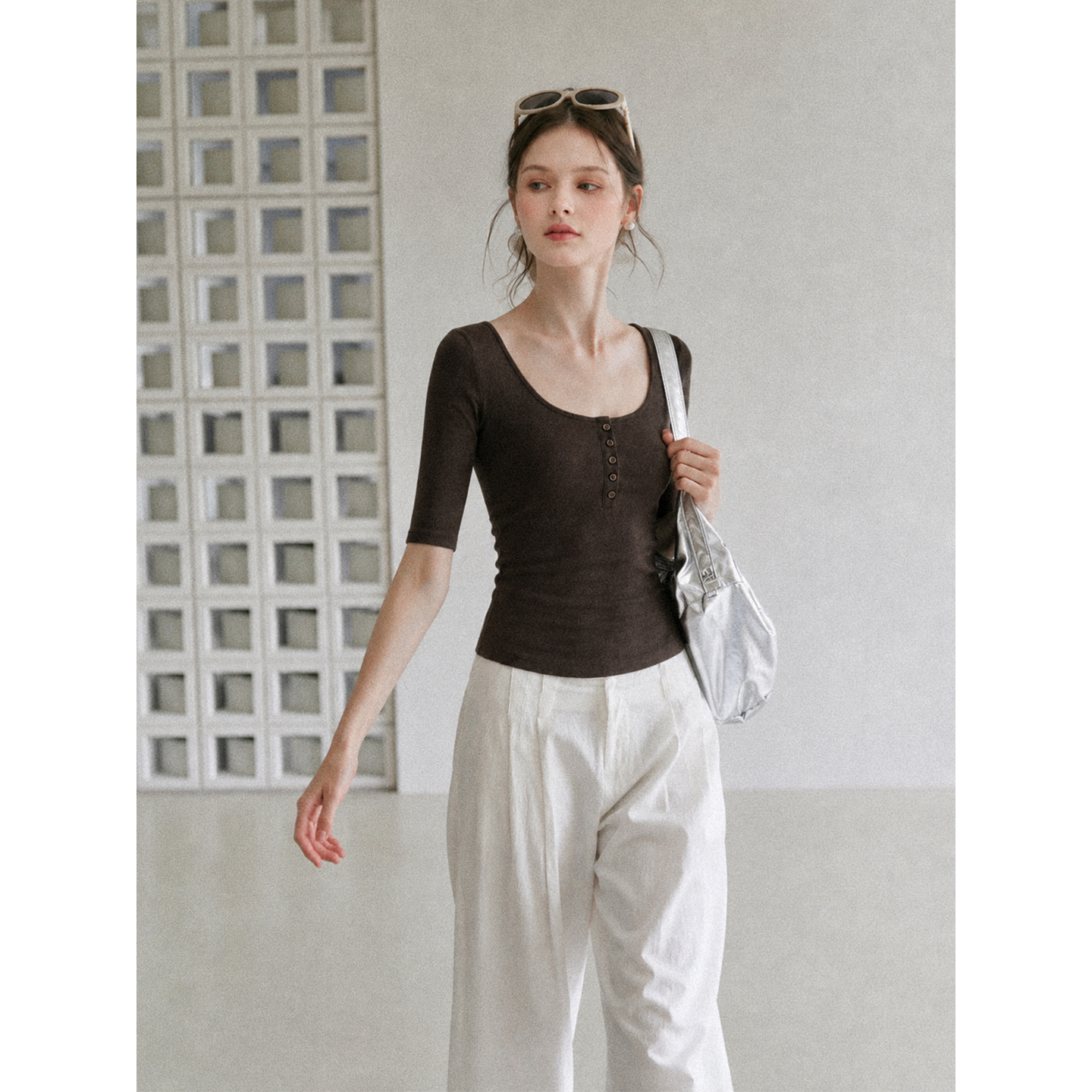 Women's Summer Solid Color U-Neck Short Sleeve T-Shirt with Button Detail Slim Fit - Image 5