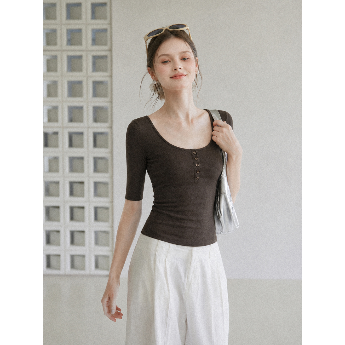 Women's Summer Solid Color U-Neck Short Sleeve T-Shirt with Button Detail Slim Fit - Image 3