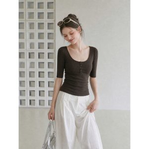 Women's Summer Solid Color U-Neck Short Sleeve T-Shirt with Button Detail Slim Fit