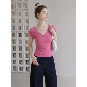 Pink Dopamine Deep V-Neck Short Sleeve T-Shirt for Women 2026 Summer Fitted Slim Top